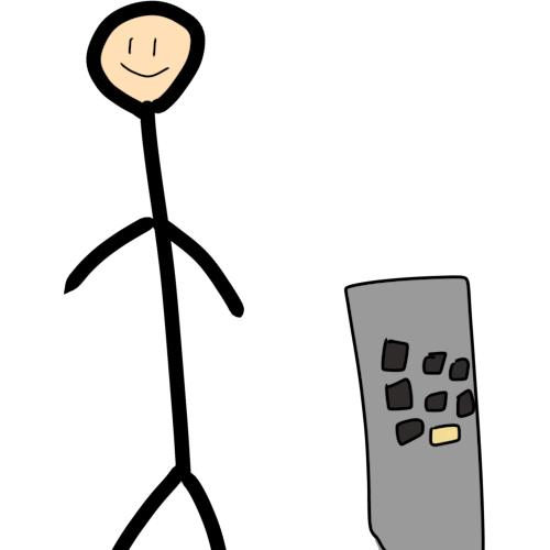 a smiling stick figure standing next to a skyscraper. The stick figure is quite a lot taller.